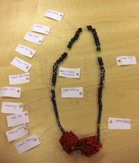 Bead necklace with beads of different value and semiotics from Foong's family collection