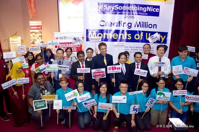 (From third left) Anas, Kurup and Rohit Sharma  with students from INTI International University & Colleges posing for photo at the launched of SaySomethingNice campaign.