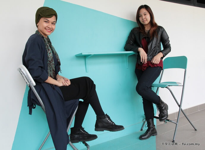 卡蒂嘉（Khadija Binti Sheikh Fuad，左起）与徐淑芬（Felicia She Suek Fern），是KDU创业视觉传达设计文凭课程的两名优秀生。