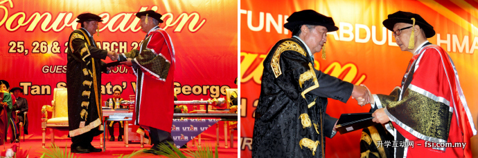 (Left) Datuk Oh receiving his Honorary Doctorate Degree from Tun Ling. (Right) Paul Geh receiving his Honorary Doctorate Degree from Tun Ling.
