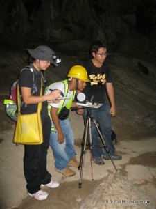 Stalagmites, fallen blocks and other cave features being surveyed in the Painted Cave at Niah by Curtin Sarawak geology students